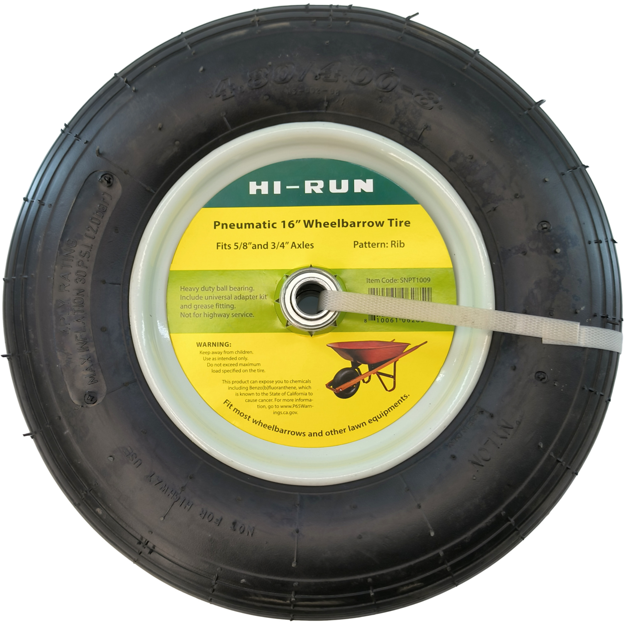 HI-RUN, Pneumatic 16in. Wheelbarrow Tire Assembly (Rib), Tire Diameter 15.4 in, Load Range Rating B, Model# SNPT1009
